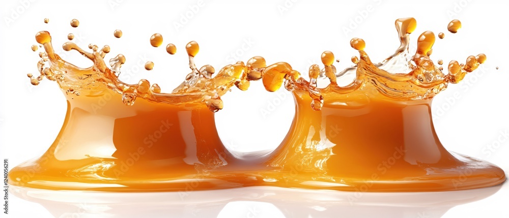 Poster dynamic orange liquid splash with droplets on white background creating a symmetrical shape