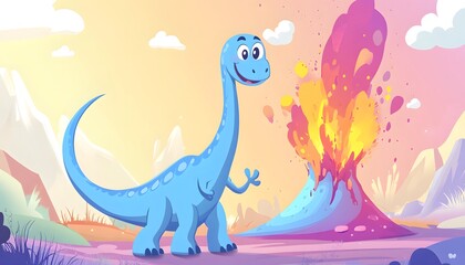 Fototapeta premium Happy Blue Dinosaur Observing Volcanic Eruption