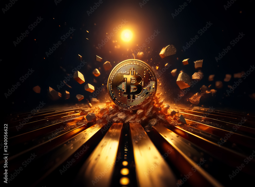 Poster a glowing bitcoin bursts from a metallic surface, surrounded by exploding debris in a dramatic, dark