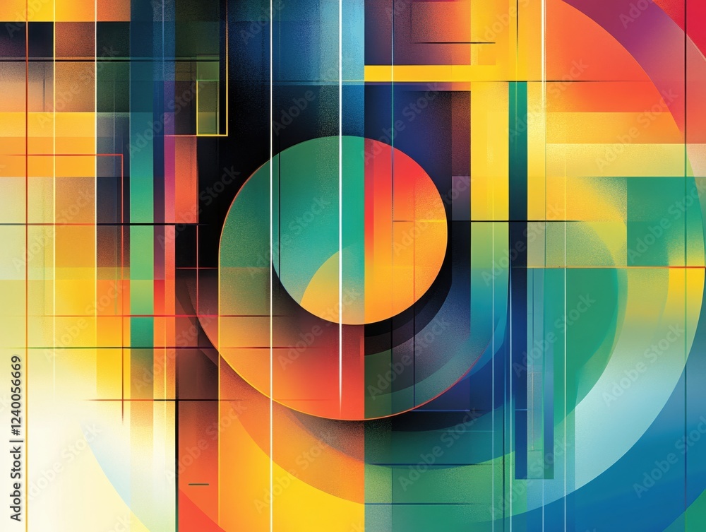 Poster abstract geometric composition with vibrant colors and intersecting lines creating a modern design