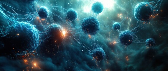 Futuristic Molecular Network Design with Translucent Spheres and Chiaroscuro Lighting for Digital Art