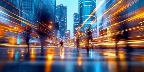Businesspeople walking downtown amid nighttime light trails, reflective wet pavement highlighting urban momentum and professional hustle