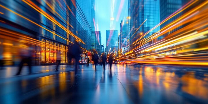 Businesspeople walking rain slicked sidewalk, futuristic nightscape glowing with blurred light trails, conveying urban momentum