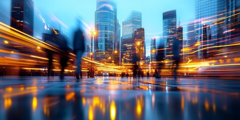 Light trails and blurred silhouettes of business professionals walking through a bustling modern city at night, capturing the vibrant energy and fast paced rhythm of urban life