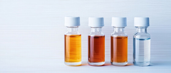 Four glass vials filled with various colored liquids line up against a light backdrop, showcasing a range of hues from amber to clear.