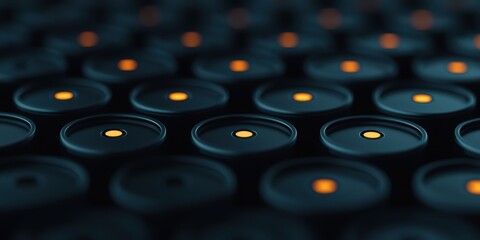A close-up view of illuminated buttons in a dark setting, showcasing a series of circular shapes with glowing orange lights.