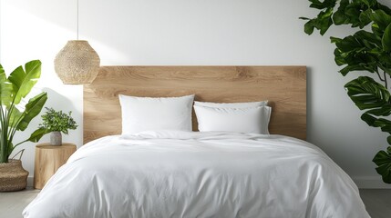 Minimalist bedroom design, white bedding, wooden headboard, plants