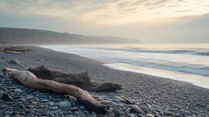 Serene Coastal Dawn: Driftwood on Pebble Beach