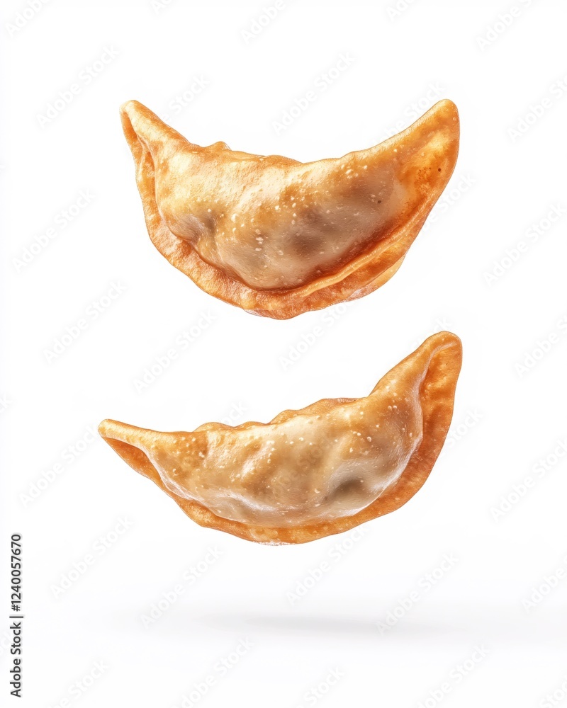 Poster golden fried dumpling floating in a clean white background with a soft shadow beneath it