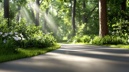 Obraz premium A serene forest path surrounded by lush greenery and soft sunlight filtering through the trees, creating a peaceful natural ambiance.