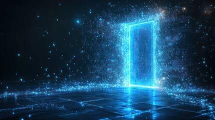 Glowing blue portal, digital door, energy particles.
