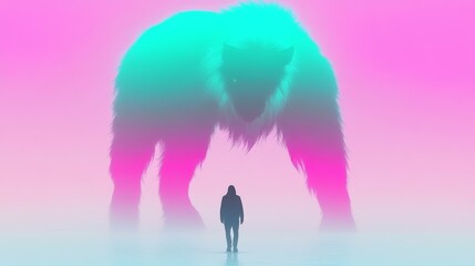 Fototapeta premium A lone figure confronts a colossal, vibrant beast in a surreal, dreamlike landscape. Pink and teal hues dominate the scene, creating a captivating contrast.
