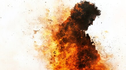 A man engulfed in flames, a powerful image of struggle and resilience. The intense oranges and blacks create a dramatic visual.