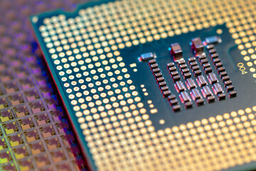 Macro Studio Shot of a CPU Wafer in a High-Tech Laboratory.A highly detailed macro shot of a CPU wafer placed in a laboratory, showcasing the intricate semiconductor design.