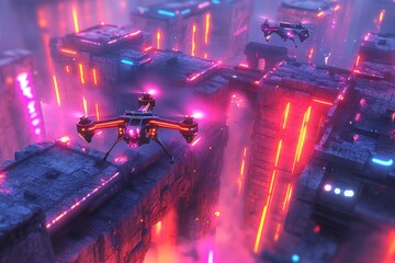 Futuristic drones fly over neon city. Sci-fi game background
