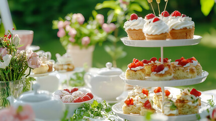 delightful garden party featuring array of pastries, cupcakes, and floral arrangements, creating cheerful atmosphere