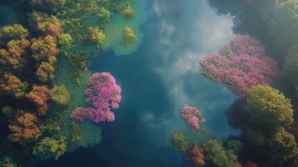 Obraz premium Wetlands aerial shot featuring colorful vegetation blending into calm water channels