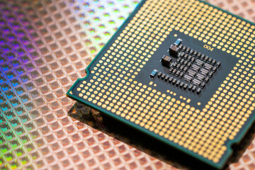 Macro Studio Shot of a CPU Wafer in a High-Tech Laboratory.A highly detailed macro shot of a CPU wafer placed in a laboratory, showcasing the intricate semiconductor design.