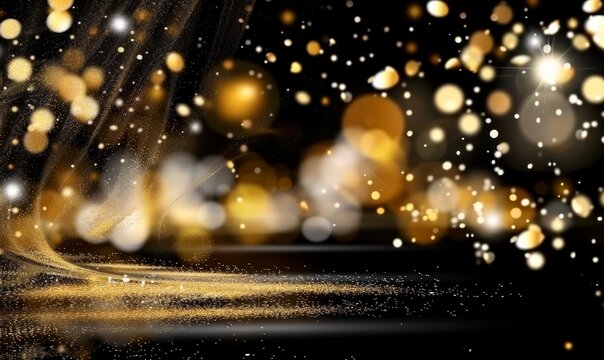 A black background with gold glitter and white and gold circles