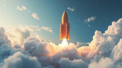 Obraz premium Paper rocket chart soaring through clouds, symbolizing growth and innovation in a vibrant and imaginative landscape.