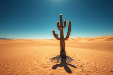 A lone cactus stands resilient amidst the golden dunes of a vast desert, bathed in warm sunlight under a vibrant, cloudless blue sky, evoking feelings of solitude, resilience, and natural beauty.