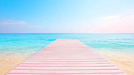 Fototapeta premium serene pastel scene of wooden pier extending into calm turquoise waters, inviting tranquility and relaxation