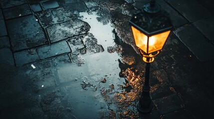 Rainy Night Cityscape: Illuminated Lamppost Reflecting in a Puddle