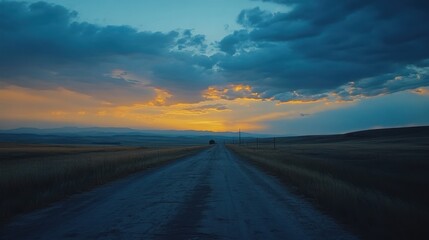 Naklejka premium Long road through the fields at sunset with orange clouds and mountain view