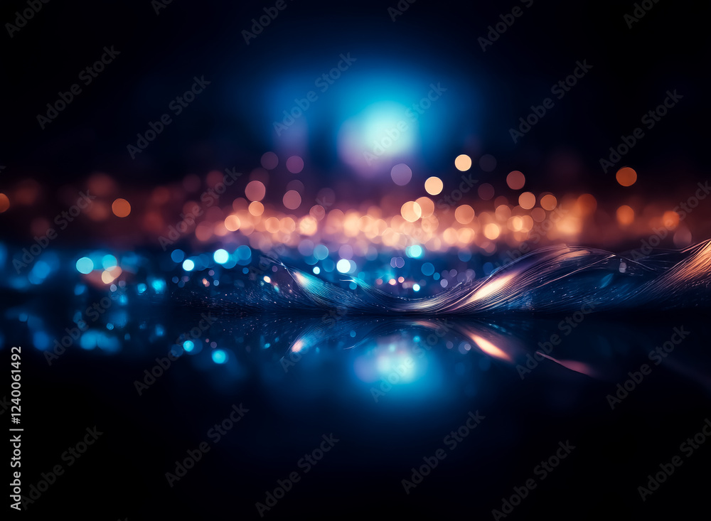 Poster abstract image of shimmering lights reflecting on a dark surface, creating a vibrant, ethereal lands