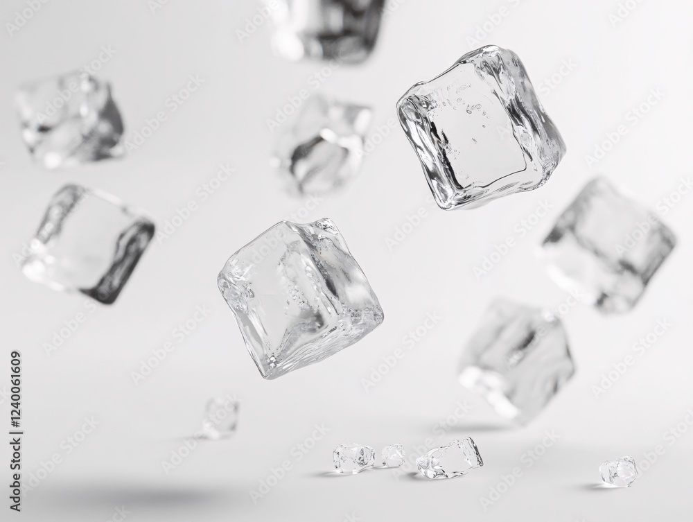 Poster clear ice cubes floating in the air against a white background creating a refreshing feeling