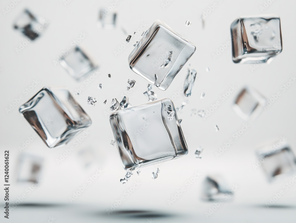 Poster floating ice cubes in a white space creating a cool and refreshing abstract background