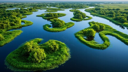Wetlands captured from above with reflective water surfaces and dense patches of greenery