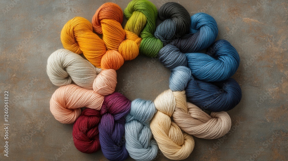 Aufkleber colorful yarn skeins arranged in a circular pattern, showcasing a vibrant array of textures and hues