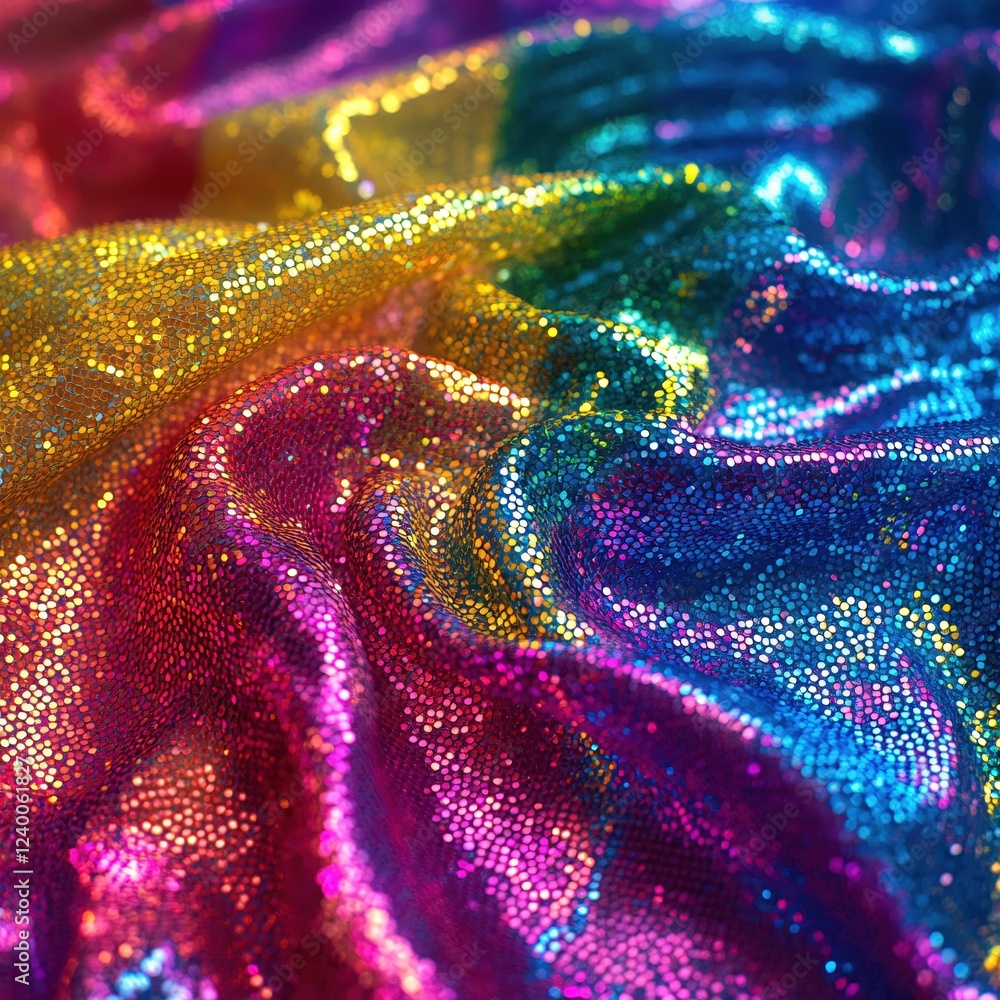 Poster shimmering iridescent fabric with vibrant rainbow colors and sparkling texture creating a festive mo