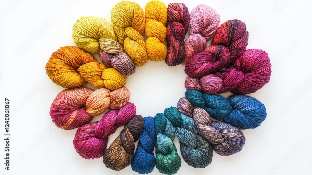 Poster artistic display of colorful yarn skeins arranged in a circular pattern showcasing texture and vibra