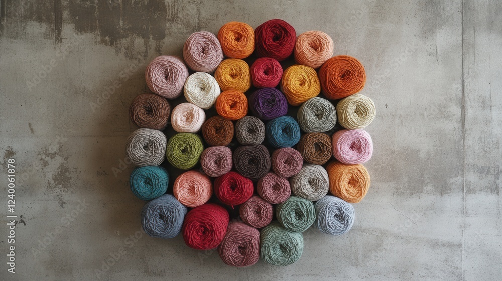 Poster artful display of colorful yarn skeins arranged in a circular pattern, showcasing vibrant textures a