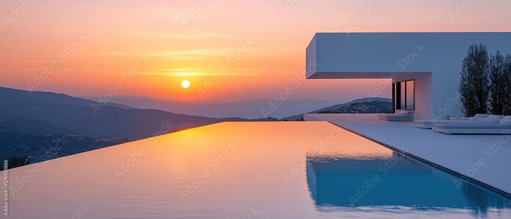 Poster sunset over infinity pool and modern architecture with mountain view in warm light