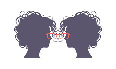 Optical illusion. Women head make silhouette of a cat wearing eyeglasses.