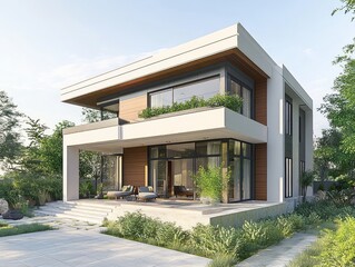Modern Two Story House With Balcony And Landscaped Garden