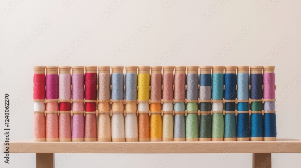 Poster colorful embroidery thread spools displayed in a harmonious gradient, showcasing a vibrant spectrum 