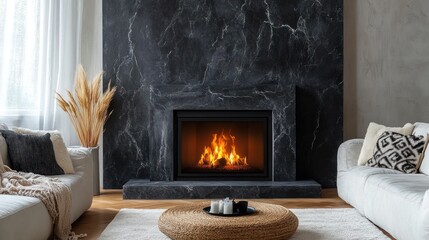 Cozy living room with fireplace and marble wall.