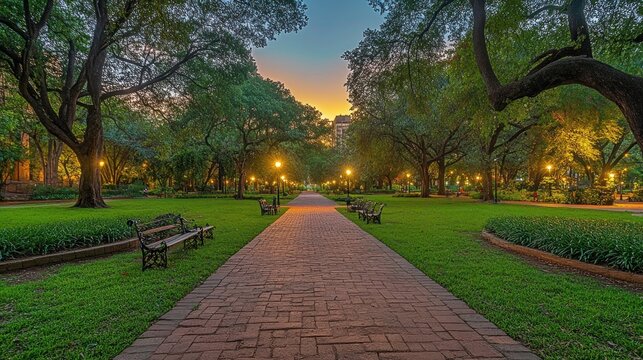 Twilight park path, city backdrop, benches, tranquility
