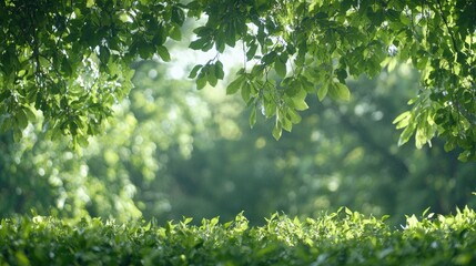 Lush green foliage, sunlight dappled, park background, nature scene