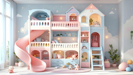 Cozy Dreamy Bedroom with a Slide and Bunk Bed