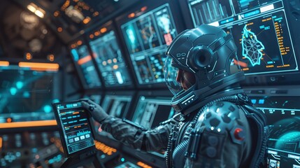 Fototapeta premium Futuristic style dashboard with holographic data display advanced digital interface and high tech command and control system in a modern industrial workspace setting