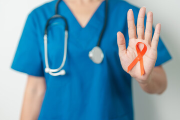 Doctor with Orange Ribbon for Leukemia, Kidney cancer day, world Multiple Sclerosis, CRPS, Self...