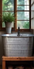 Naklejka premium Rustic galvanized metal basin sink with vintage faucet installed on a simple wooden stand, complemented by a potted plant near a window