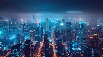 Obraz premium Impressive aerial view of a bustling downtown metropolis with a panoramic skyline of illuminated skyscrapers office towers and financial district at night