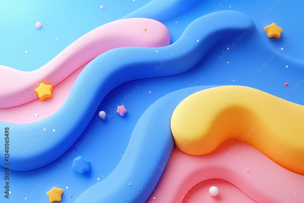 Poster a colorful abstract background featuring flowing waves in pink, blue, and yellow, adorned with small