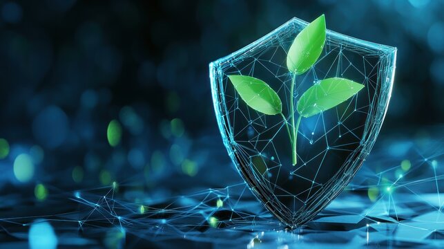 Green sprout inside a digital shield;  environmental protection